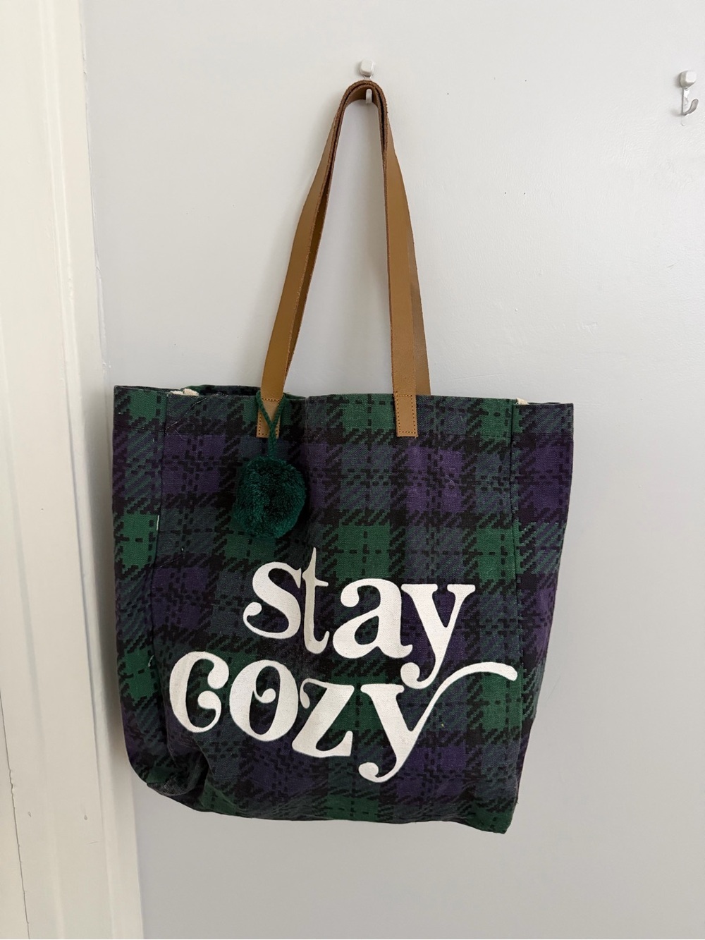 Stay Cozy Plaid Tote Bag with Pom-Pom